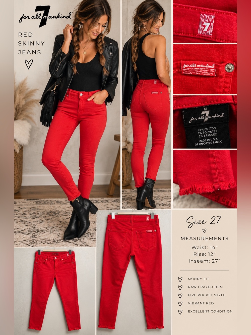 7 For All Mankind Red Skinny Jeans Size 27 Raw Frayed Hem